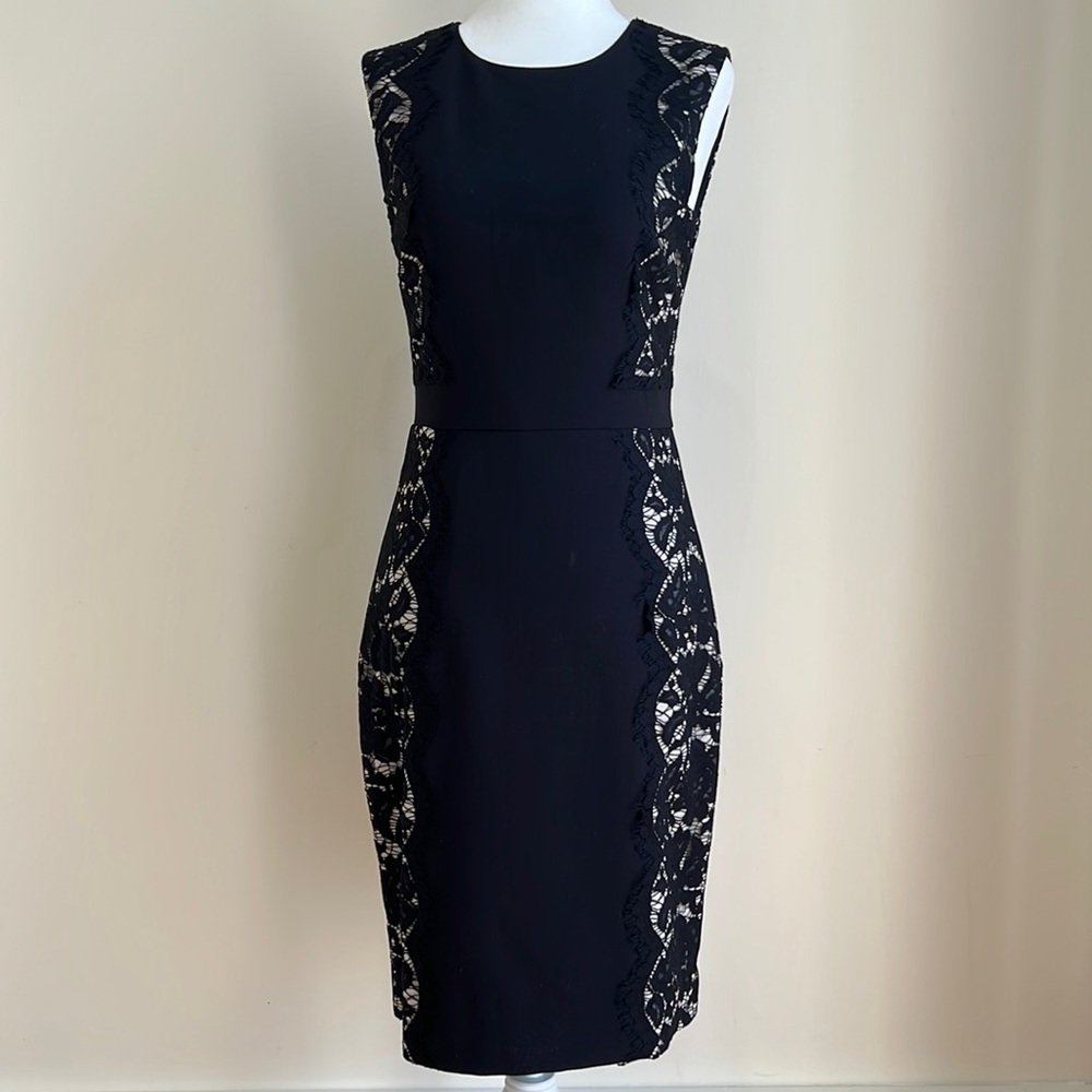 J. Crew Black Sleeveless Shift Dress with Lace Accents. Size 0.